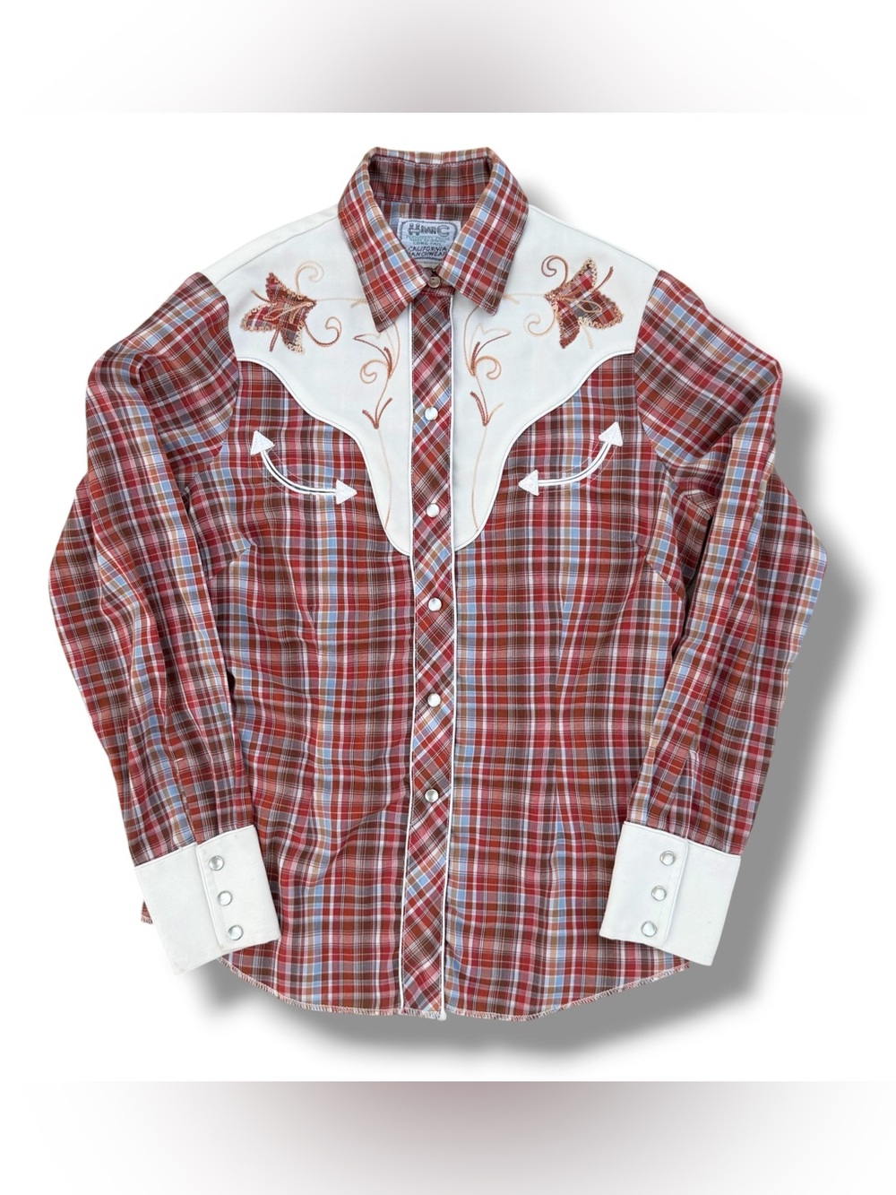 Vintage 60s-70s H Bar C Ranchwear Pearl Snap Shirt Size 36 (S) Plaid Embroidered